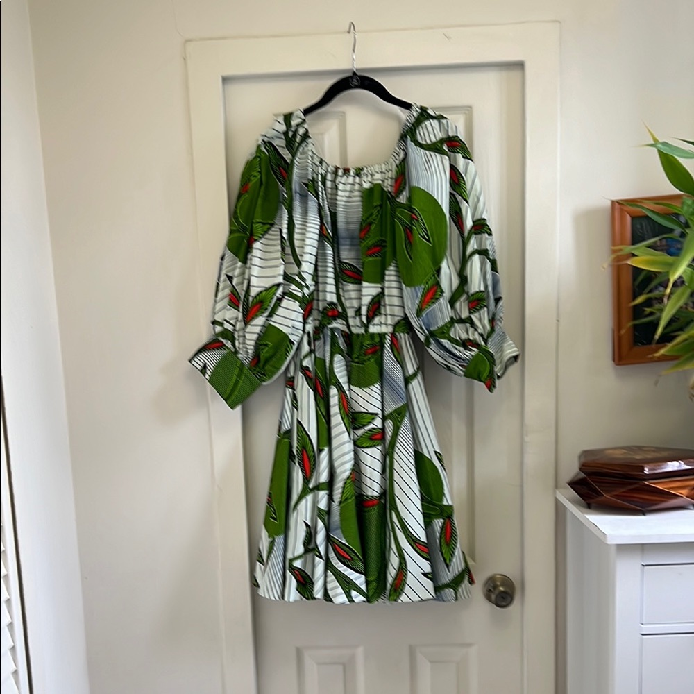 Tribal Green and White Bishop Sleeve Sundress